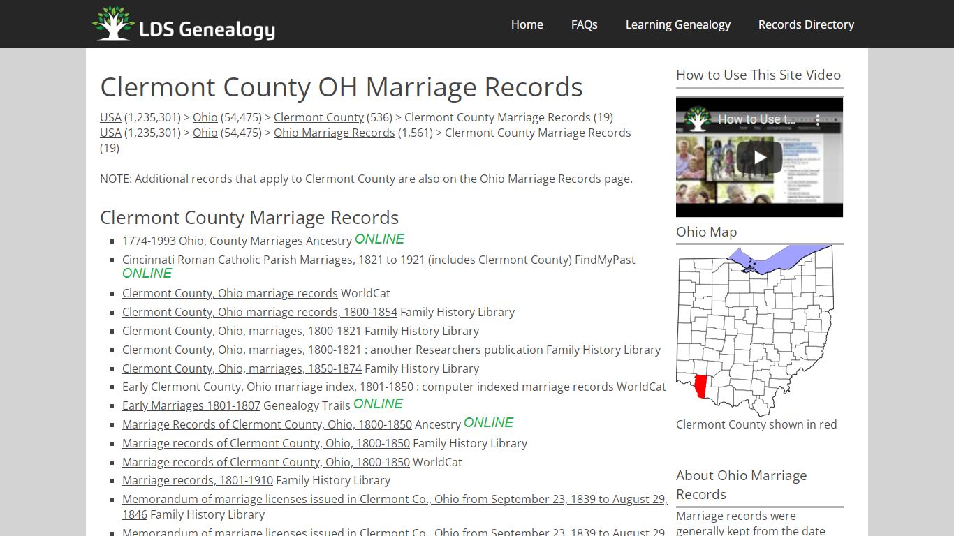 Clermont County OH Marriage Records - LDS Genealogy