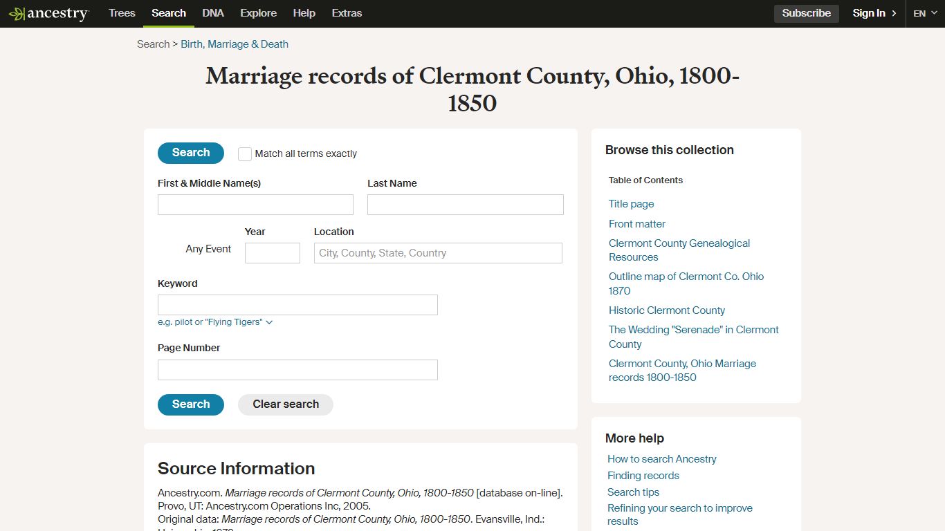 Marriage records of Clermont County, Ohio, 1800-1850